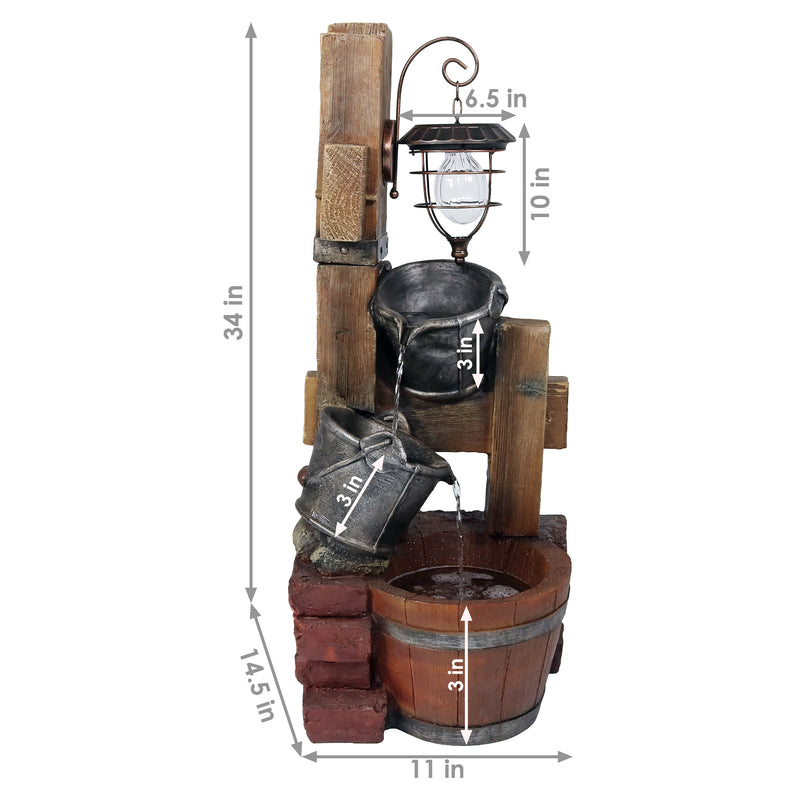 Sunnydaze Rustic Pouring Buckets Outdoor Fountain with Solar Lantern - 34"