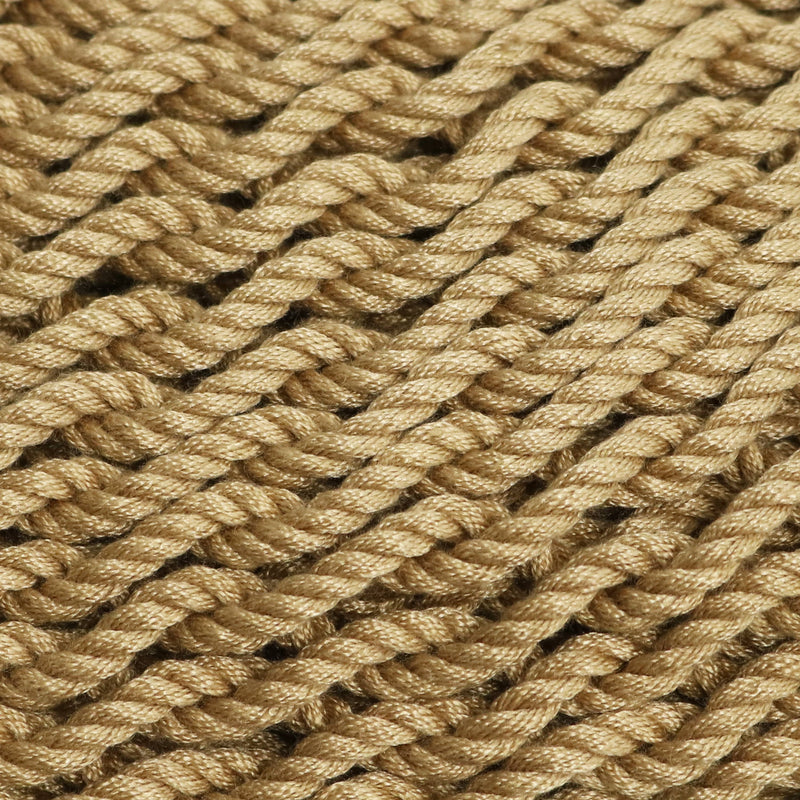 Tan colored woven rope of a rope hammock chair. 