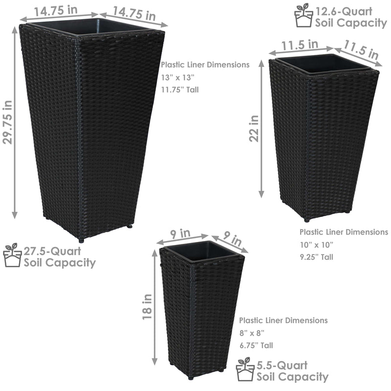 Sunnydaze Tall Square Polyrattan Planter - Set of 3 - Black