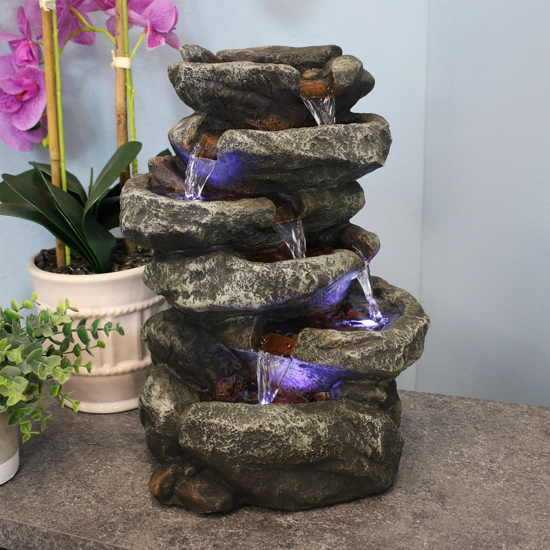 plant fountain indoor Sunnydaze 6-Tier Stone Falls Tabletop Water Fountain with LED Light, Green