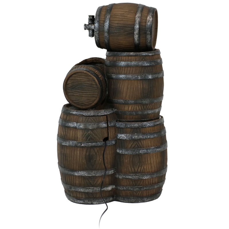 Sunnydaze Stacked Rustic Whiskey Barrel Outdoor Fountain with Lights - 29"