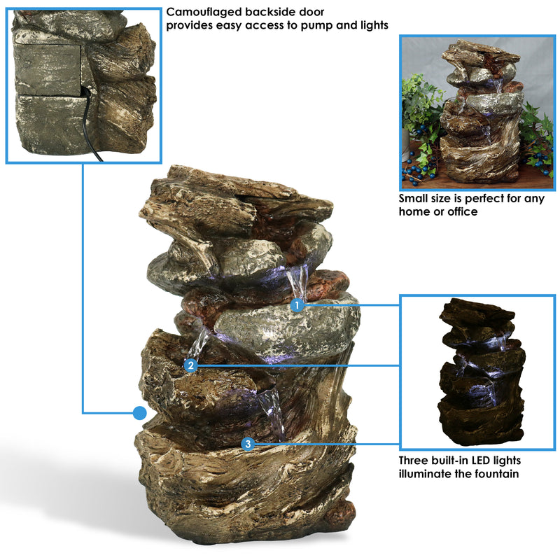 Sunnydaze Tiered Rock & Log Indoor Waterfall Fountain with LED Lights - 10"