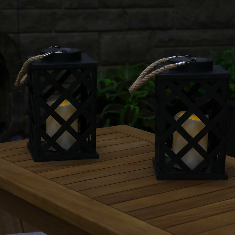 Sunnydaze Modern Crosshatch Outdoor Solar Decorative Candle Lantern