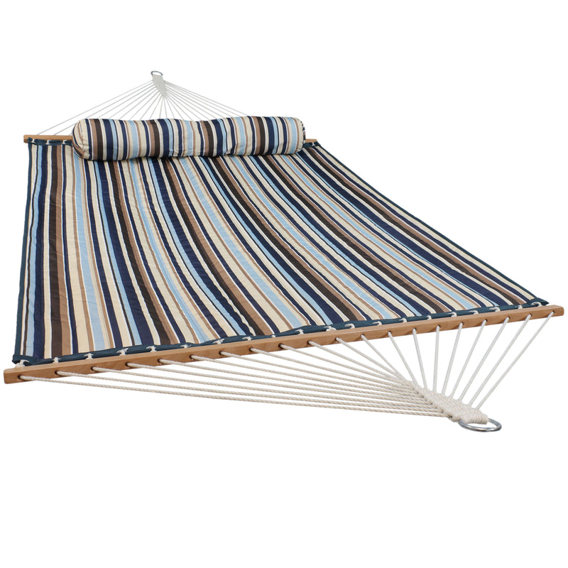 Sunnydaze Quilted Fabric Double Hammock with Pillow & Spreader Bars - Ocean Isle