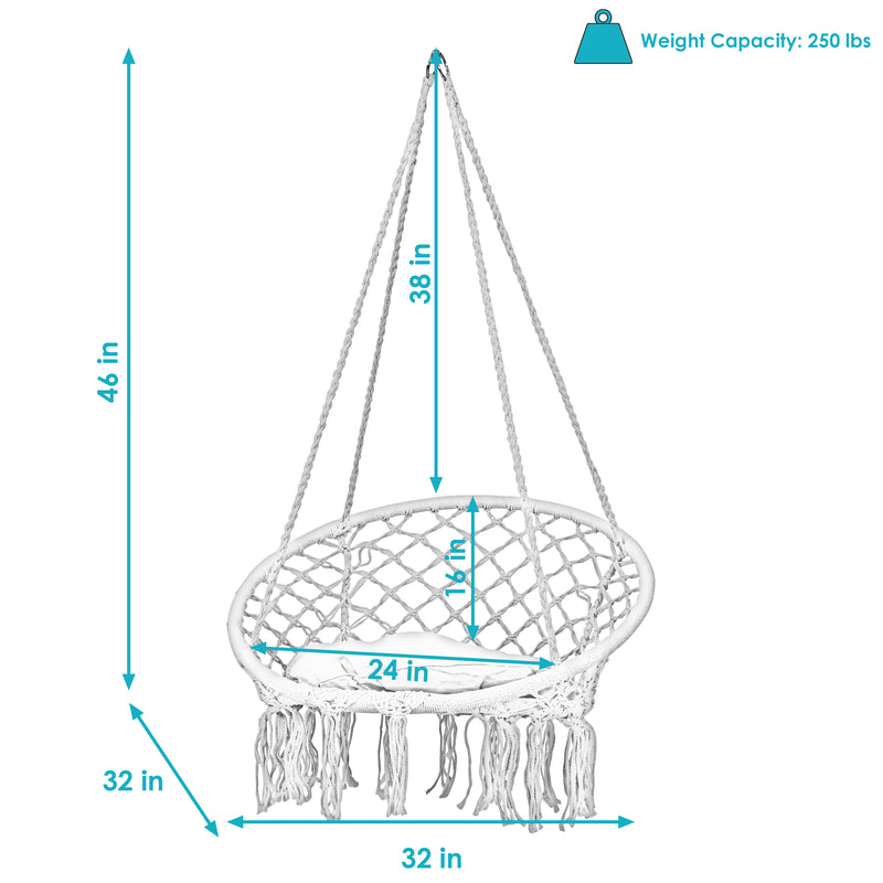 Sunnydaze Macrame Hanging Hammock Chair with Tassels and Cushion - White