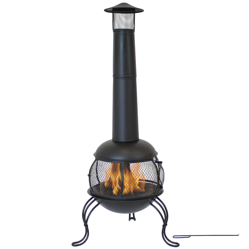 Sunnydaze Black Steel Wood-Burning Outdoor Chiminea Fire Pit with Rain Cap, 66-Inch