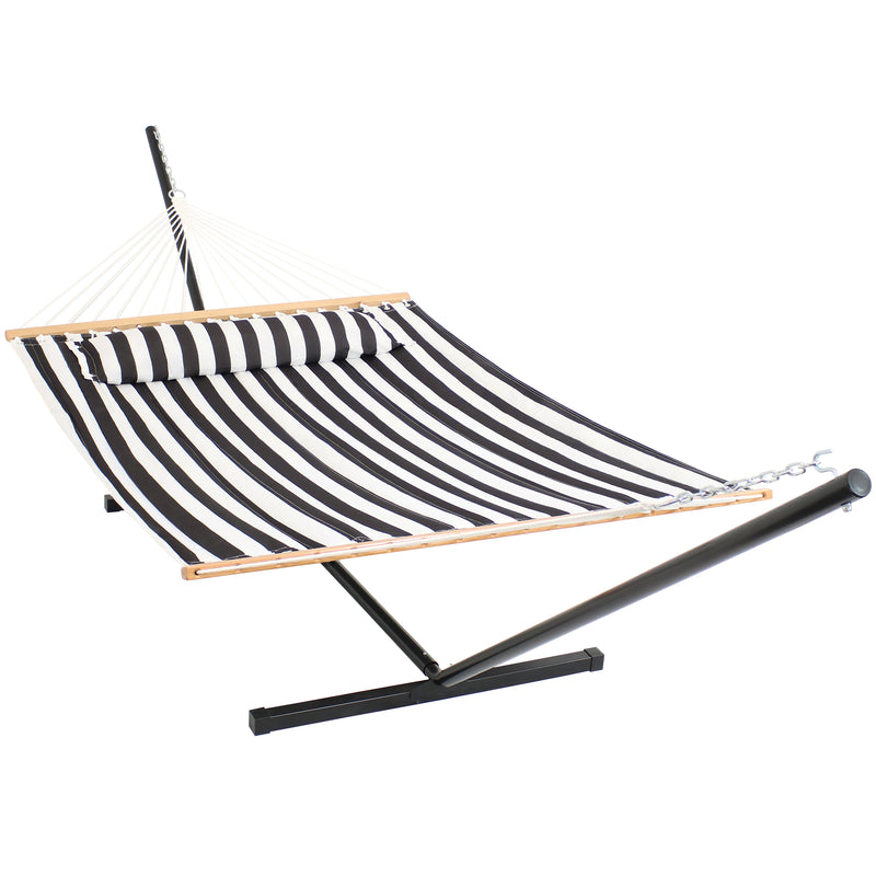 Sunnydaze 2-Person Freestanding Quilted Fabric Hammock with Stand and Pillow - 12 or 15 Foot Stand Option - Black and White