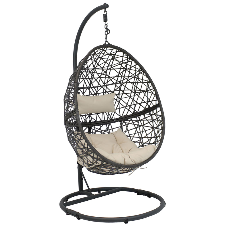 Sunnydaze Caroline Hanging Egg Chair with Steel Stand Set, Resin Wicker, Modern Design, Outdoor Use, Includes Cushion