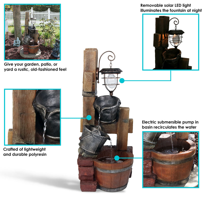 Sunnydaze Rustic Pouring Buckets Outdoor Fountain with Solar Lantern - 34"