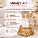 Sturdy base infographic featuring the ornate gold base of a purple, blue, white, and gold Christmas nutcracker, with callouts highlighting a wide base, secure design, and stability.