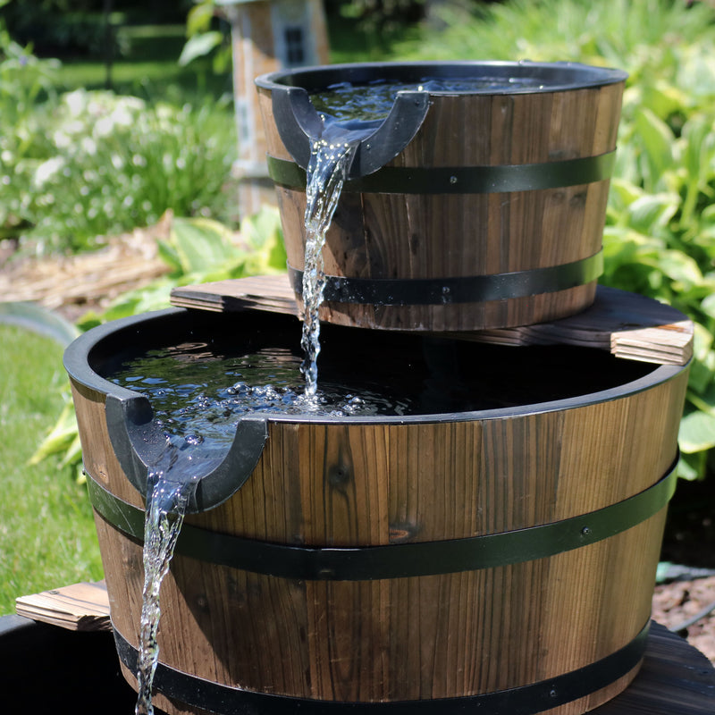 Sunnydaze Rustic 3-Tier Wood Barrel Water Fountain - 30" H