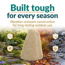 Beige faux rock utility cover displayed in a landscaped garden across changing seasons. Text highlights weather-resistant construction, including a crack- and fade-resistant shell, UV-resistant polyresin, rain and snow resistance, and durability in extreme heat and freeze-thaw conditions.