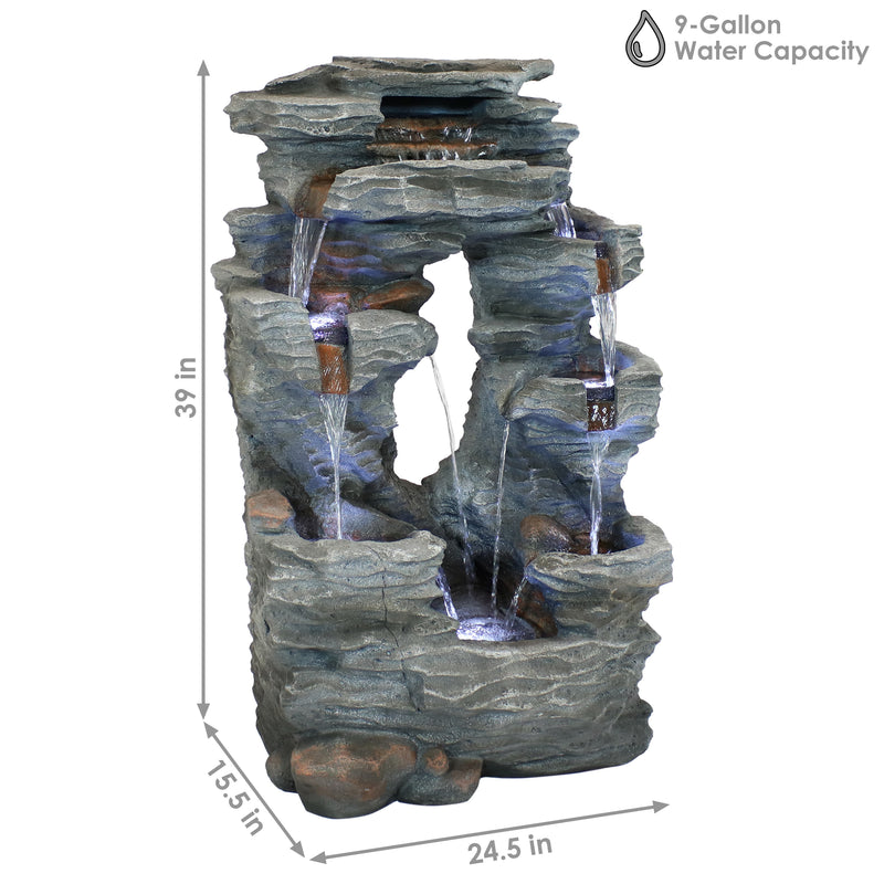 Sunnydaze Dual Cascading Rock Falls Water Fountain with LED Lights and Electric Submersible Pump - 39"