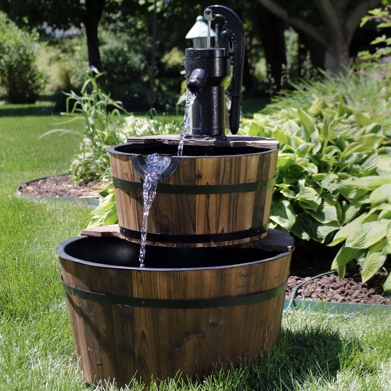 Sunnydaze Country 2-Tier Wood Barrel Water Fountain with Hand Pump