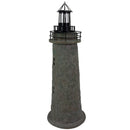 Weathered brown and green lighthouse statue with a black lantern, metal railing, and textured finish displayed against a white background.