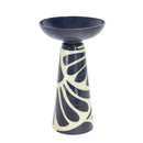 Glass Pedestal Bird Bath in navy and white abstract featuring a wide glass bowl and tapered pedestal with a flowing abstract pattern.