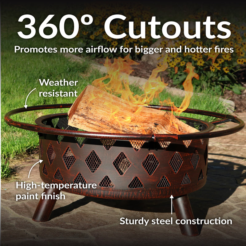 Sunnydaze Crossweave Wood-Burning Fire Pit with Spark Screen and Poker