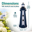 Dimensions infographic featuring a navy and white lighthouse with callouts showing a total height of 35.75 inches, weight of 10.6 pounds, width of 10.75 inches, and depth of 11.5 inches.