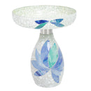 Mosaic Bloom Glass Bird Bath in indigo featuring a shallow mosaic glass bowl and decorative pedestal with blue, indigo, and aqua floral accents.