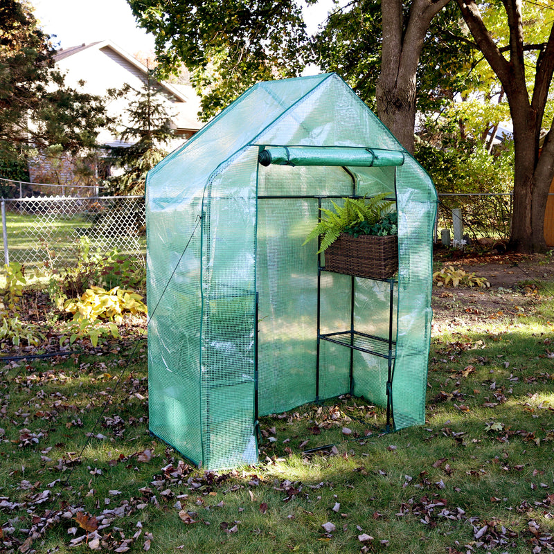 Sunnydaze Deluxe Walk-In Greenhouse with 4 Shelves for Outdoors - Green