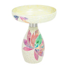 Mosaic Bloom Glass Bird Bath in rainbow featuring a shallow mosaic glass bowl and decorative pedestal with colorful floral accents and a light circular mosaic pattern.