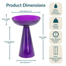 Product dimensions infographic for a purple glass birdbath showing a 12-inch bowl diameter, 2.75-inch bowl height, 13.25-inch pedestal height, 16.5-inch total height, 7-inch base diameter, 1.35-gallon water capacity, 5.8-pound weight, and inner pedestal dimensions.