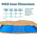 Infographic showing the maximum interior dimensions of a flat tan faux rock cover, with a cutaway view and blue measurement layers illustrating usable dimensions at heights from 0 to 3 inches. A sizing table lists maximum length, depth, and diameter, with guidance to measure the object's height first, then its width and depth to ensure proper fit.