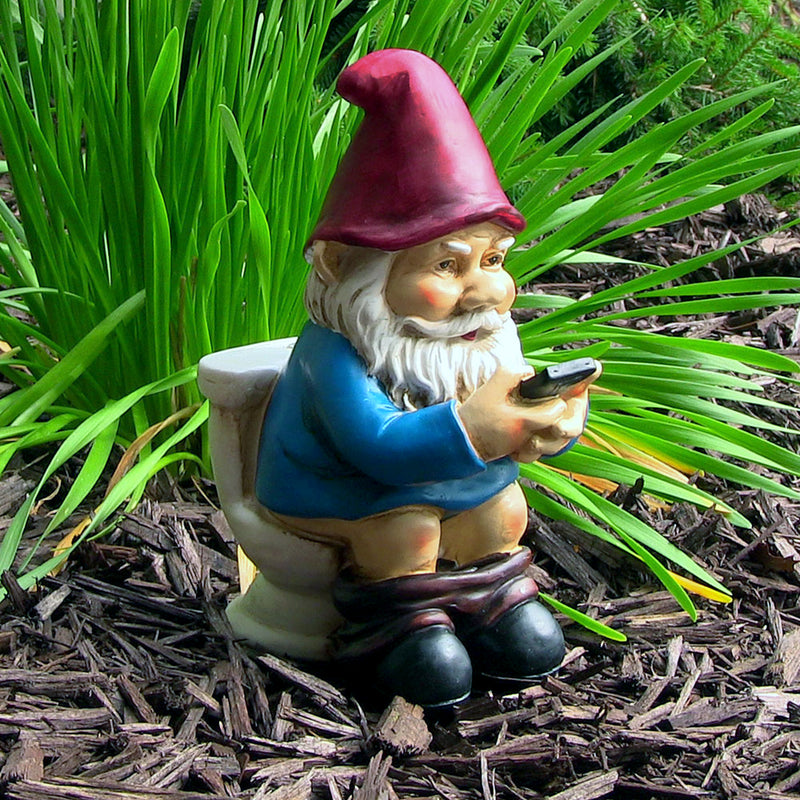 Sunnydaze Cody the Garden Gnome Reading Phone on the Throne - 9.5"