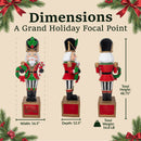 Dimensions infographic for a green and red Christmas nutcracker holding a wreath and standing on a “Merry Christmas” base, showing front, side, and back views. The statue measures 48.75 inches high, 16.5 inches wide, 12.5 inches deep, and weighs 16.8 pounds.