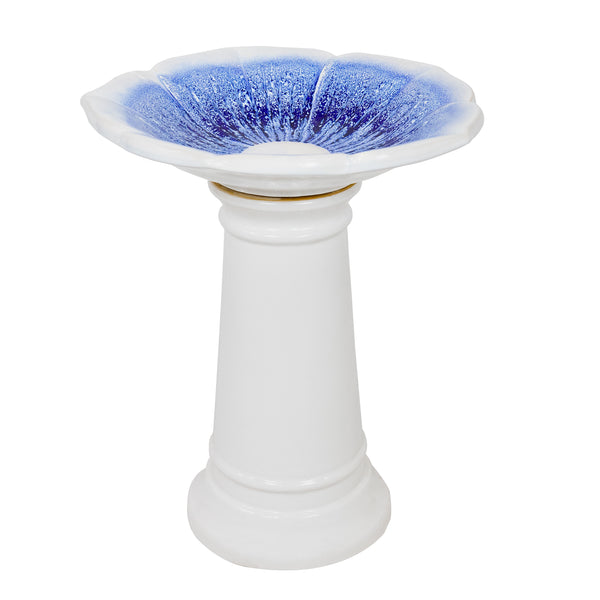 Sunnydaze Misty Blossom Glazed Ceramic Bird Bath – Blue/White - 23" H