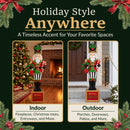 Green and red Christmas nutcracker holding a wreath and candy cane, with “Holiday Style Anywhere” text and indoor and outdoor display examples for fireplaces, Christmas trees, entryways, porches, doorways, and patios.