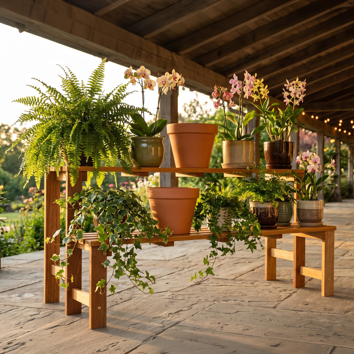 Sunnydaze 2-Tier Meranti Wood Outdoor Plant Stand with Teak Oil Finish