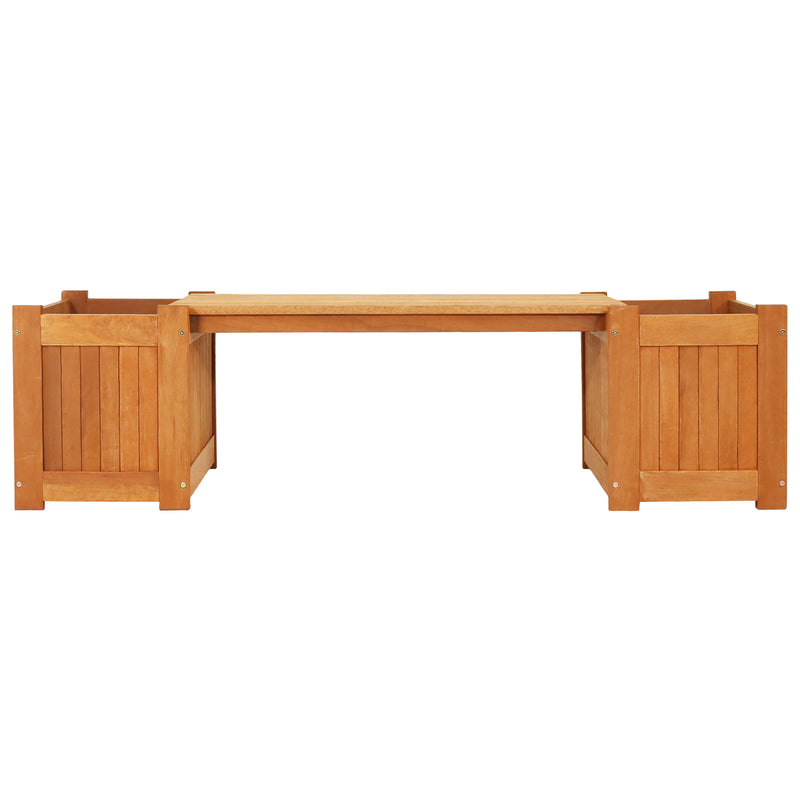 Front facing view of the meranti outdoor planter box bench.