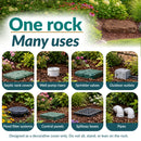 Infographic highlighting eight uses for a flat dark brown decorative faux rock cover, including hiding septic tank covers, well pump risers, sprinkler valves, outdoor outlets, pond filter systems, control panels, spillway boxes, and pipes. Text reads “One rock, Many uses” with a safety note advising against sitting, standing, or leaning on the rock.