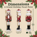 Dimensions infographic for a red and green Christmas nutcracker king showing front, side, and back views. The statue measures 33 inches high, 10 inches wide, 10 inches deep, and weighs 7.2 pounds.