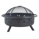 Front view of the Cosmic Fire Pit in black, featuring decorative star and moon cutouts, a domed mesh spark screen, circular fire bowl, side handles, and angled metal legs.