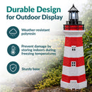 Infographic titled “Durable Design for Outdoor Display” featuring a red and white lighthouse with callouts highlighting weather-resistant polyresin, indoor storage during freezing temperatures, and a sturdy base.