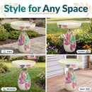 Mosaic Bloom Glass Bird Bath in rainbow shown in four outdoor settings, including a patio, garden, backyard, and deck, highlighting its decorative floral mosaic design for a variety of spaces.