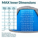 Infographic showing the maximum interior dimensions of a gray faux rock cover, with a cutaway view and blue measurement layers illustrating usable width and depth at heights from 0 to 11 inches. A sizing table explains how the rock narrows toward the top and helps customers determine the proper fit by measuring their object's height, width, and depth.