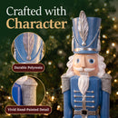 Blue Kristoff Christmas Nutcracker shown in a festive holiday setting, highlighting durable polyresin construction and decorative silver accents on the hat and shoulders.