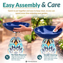Easy assembly and care infographic showing a colorful glass bird bath being assembled without tools and cleaned with a cloth. Features callouts for “No Tools Required” and “Simple Cleaning.”
