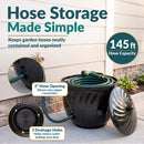 Decorative garden hose storage pot with a removable lid, designed to neatly conceal and organize up to 145 feet of hose while complementing outdoor décor.