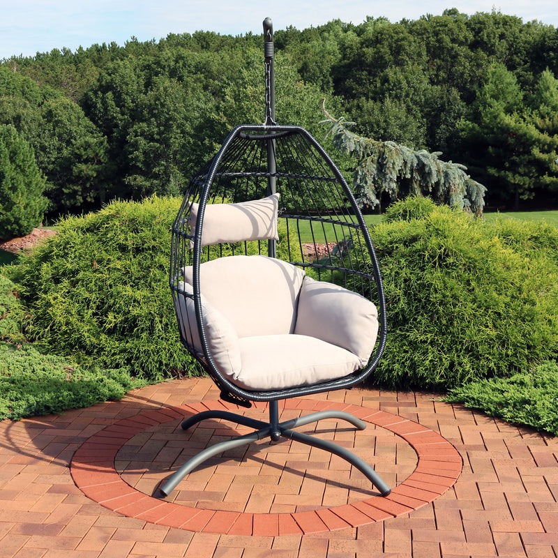 Sunnydaze Oliver Resin Wicker Egg Chair and Stand - Gray Cushions