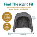 Dark gray faux rock cover shown in a cutaway view to illustrate its hollow, tapered interior. Infographic highlights a 22-inch total height, 18-inch width, 17.25-inch depth, 4.2-pound weight, and recommended fit for objects up to 16 inches tall and under 12 inches wide.