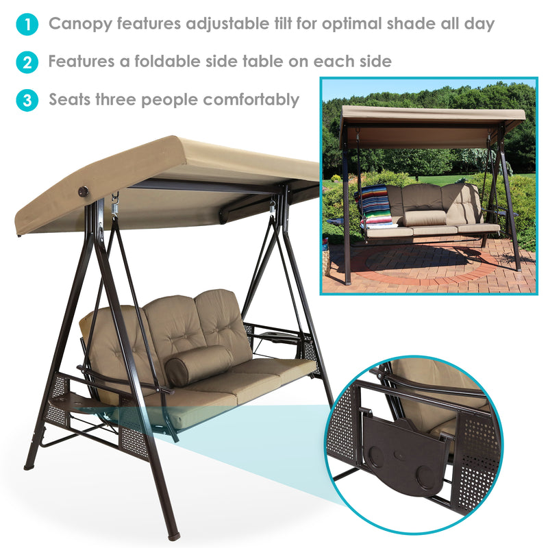 Sunnydaze 3-Person Patio Swing with Adjustable Canopy and Cushions