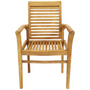 Front facing view of the traditional teak dining chair with armrests.