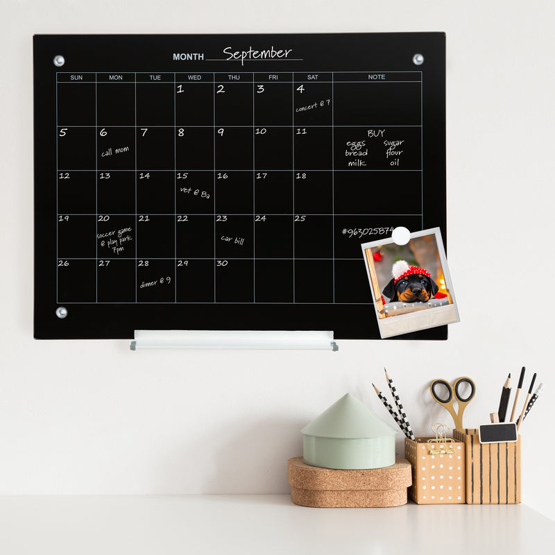 Sunnydaze Glass Whiteboard Calendar for Wall with Markers