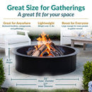 Black metal fire pit with burning logs, shown in an outdoor patio setting with text highlighting its size, lightweight design, and suitability for gatherings.