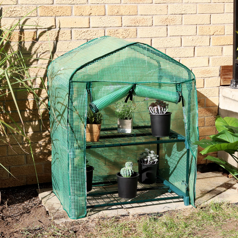 2 tier mini greenhouse with opened zipper door and green cover