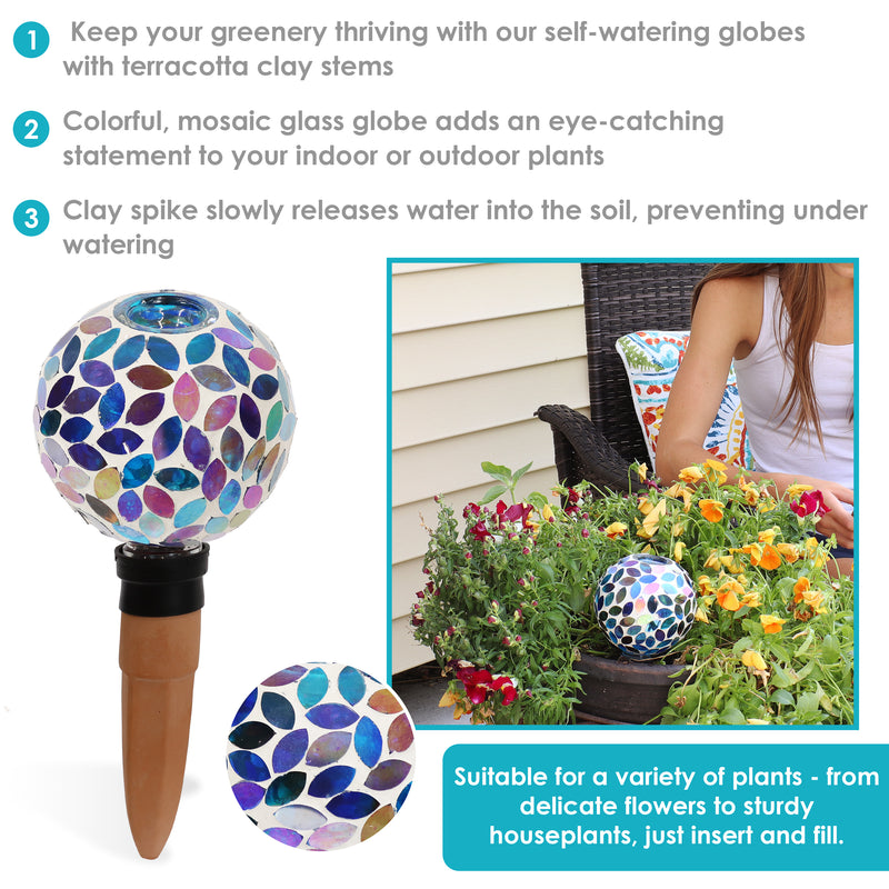 Sunnydaze Mosaic Glass Plant Watering Globe with Clay Spike